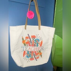 Floral Teacher Tote Bag - White and‎ Tan NWOT